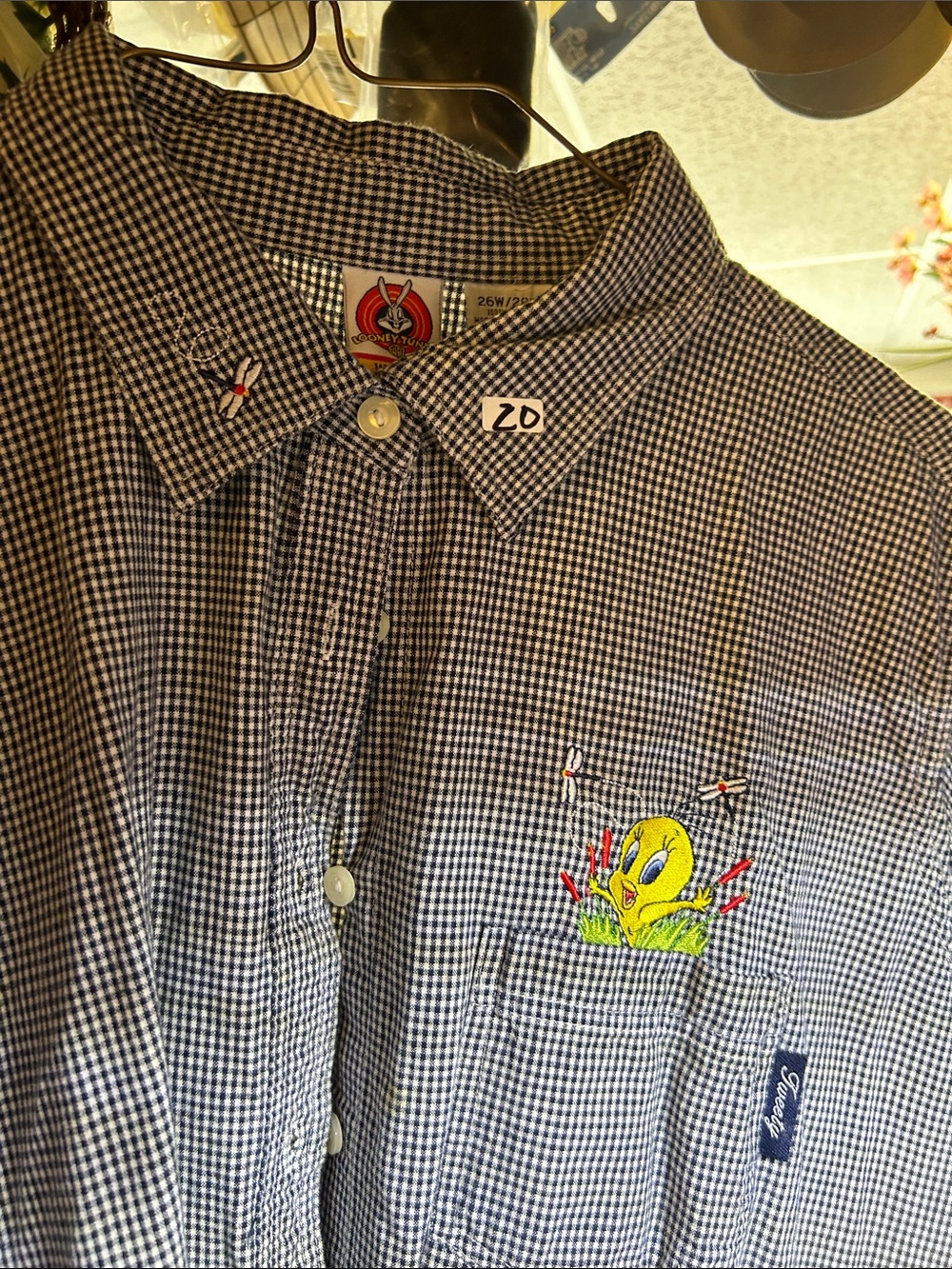 Newton Navy and White Gingham Button-Down Shirt with Tweety Embroidery